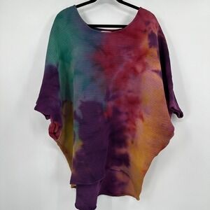 Myrah Penaloza Tie Dye Waffle Knit Poncho Womens OS Purple Pink Cotton Pocket